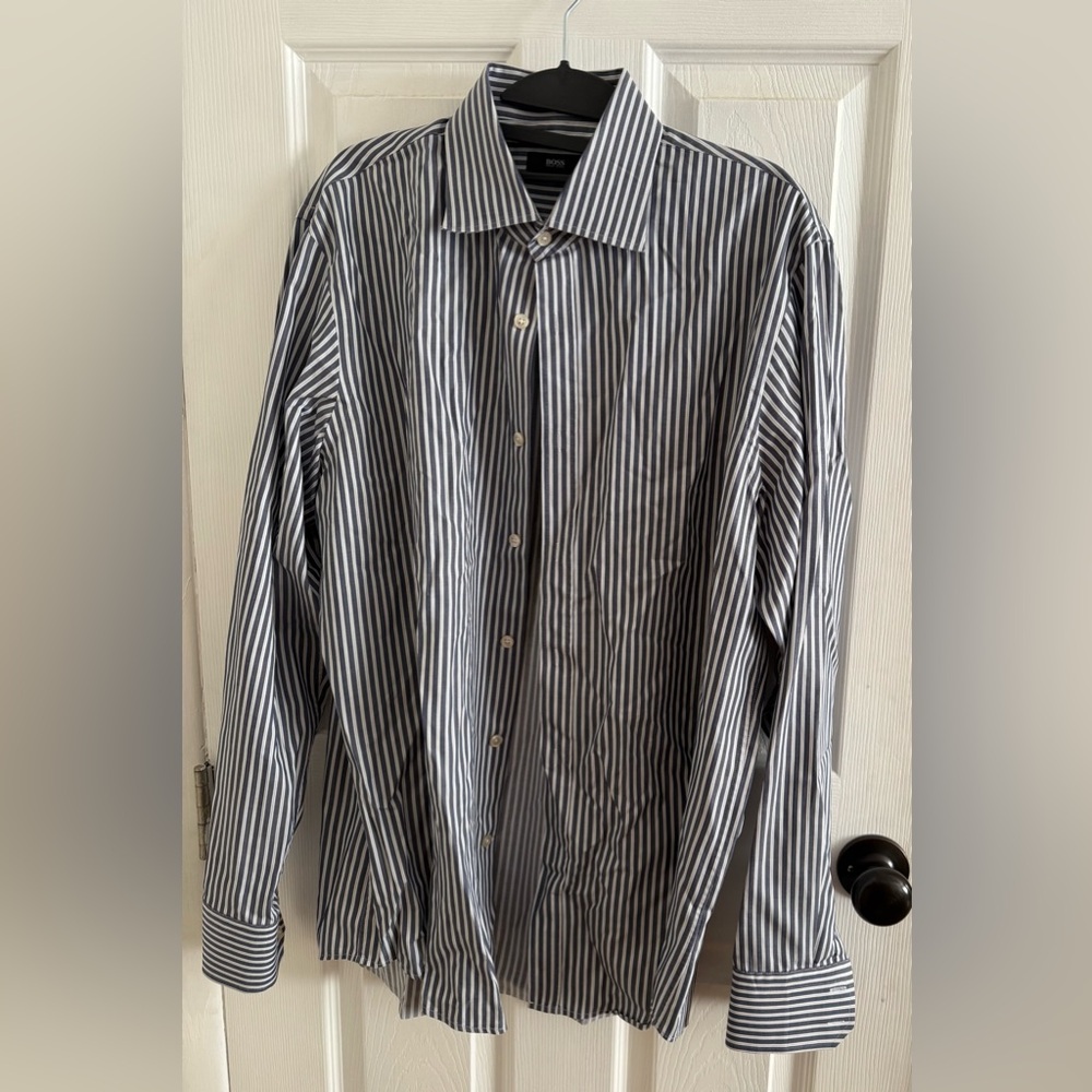 Hugo Boss Men's Striped Dress Shirt - Dark Gray and White
